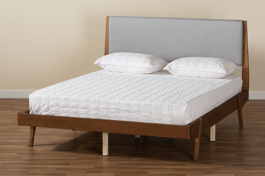 Baxton Studio Senna Mid-Century Modern Grey Fabric Upholstered and Walnut Brown Finished Wood Queen Size Platform Bed