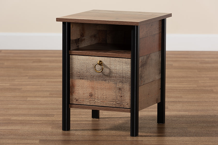Baxton Studio Vaughan Modern and Contemporary Two-Tone Rustic Oak Brown and Black Finished Wood Nightstand