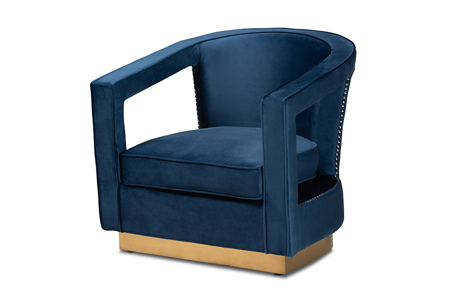 Baxton Studio Neville Modern Luxe and Glam Navy Blue Velvet Fabric Upholstered and Gold Finished Metal Armchair