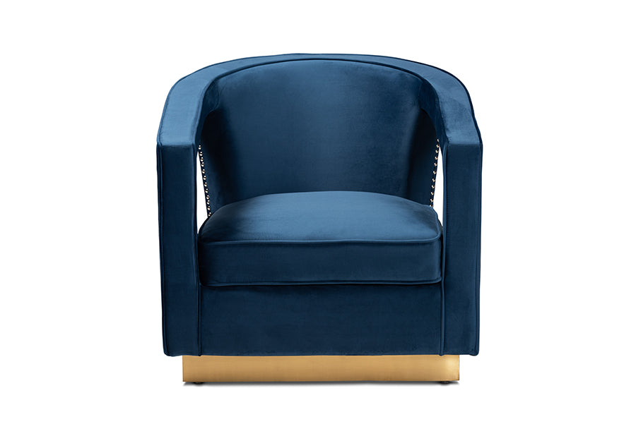 Baxton Studio Neville Modern Luxe and Glam Navy Blue Velvet Fabric Upholstered and Gold Finished Metal Armchair