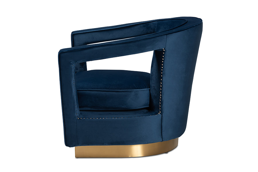 Baxton Studio Neville Modern Luxe and Glam Navy Blue Velvet Fabric Upholstered and Gold Finished Metal Armchair