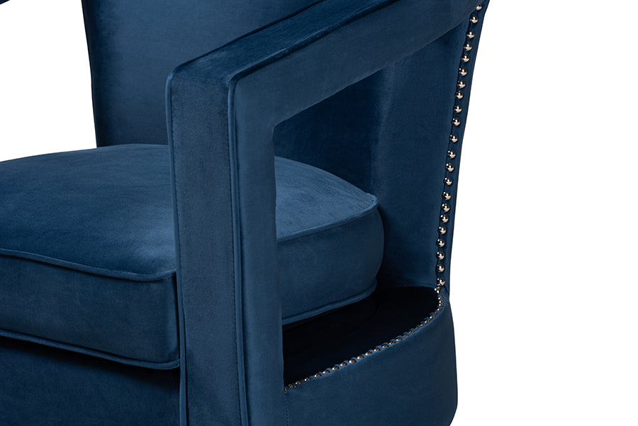 Baxton Studio Neville Modern Luxe and Glam Navy Blue Velvet Fabric Upholstered and Gold Finished Metal Armchair