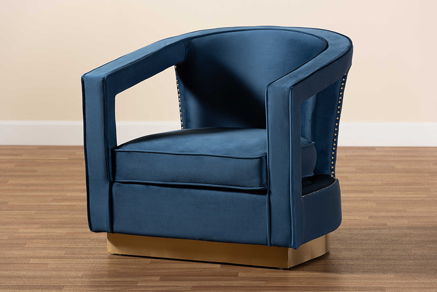 Baxton Studio Neville Modern Luxe and Glam Navy Blue Velvet Fabric Upholstered and Gold Finished Metal Armchair