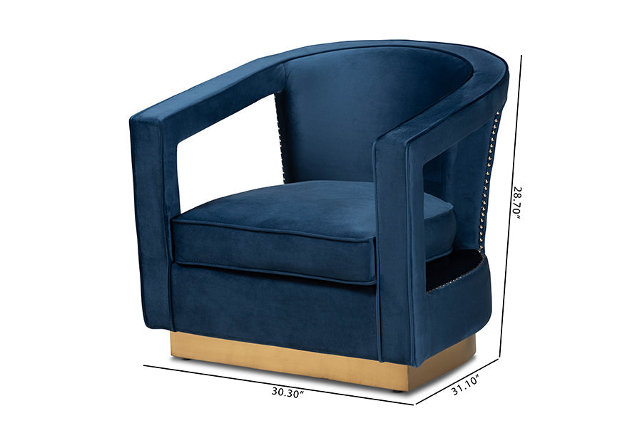 Baxton Studio Neville Modern Luxe and Glam Navy Blue Velvet Fabric Upholstered and Gold Finished Metal Armchair