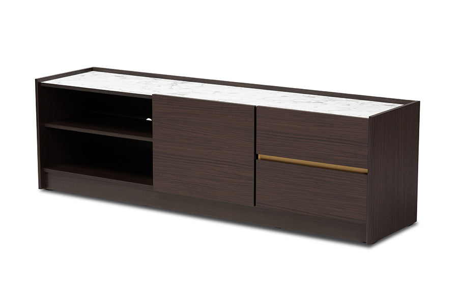 Baxton Studio Walker Modern and Contemporary Dark Brown and Gold Finished Wood TV Stand with Faux Marble Top