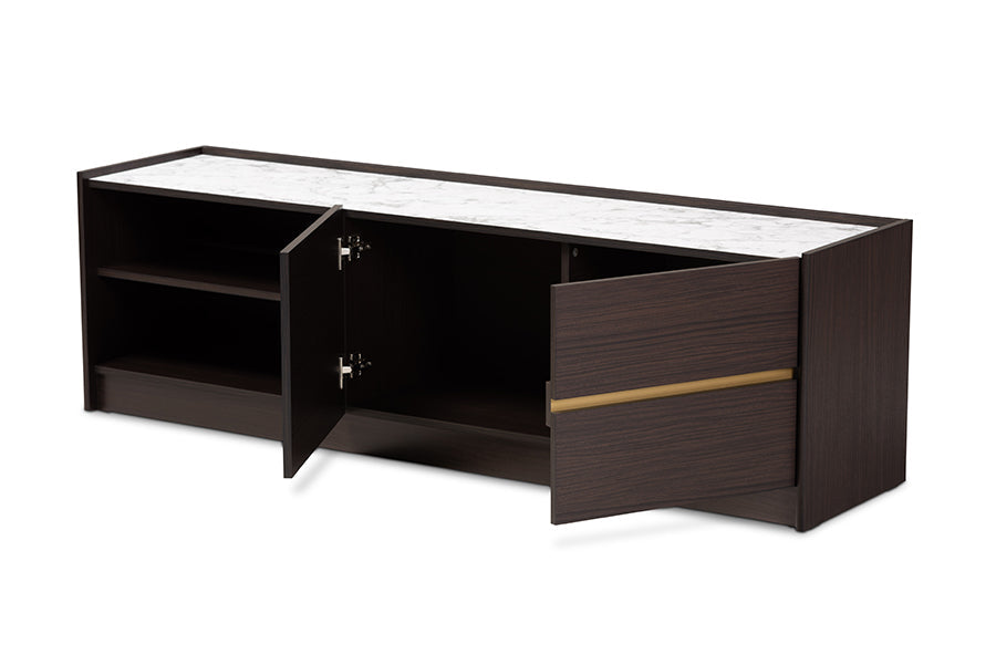 Baxton Studio Walker Modern and Contemporary Dark Brown and Gold Finished Wood TV Stand with Faux Marble Top