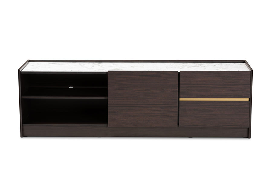 Baxton Studio Walker Modern and Contemporary Dark Brown and Gold Finished Wood TV Stand with Faux Marble Top