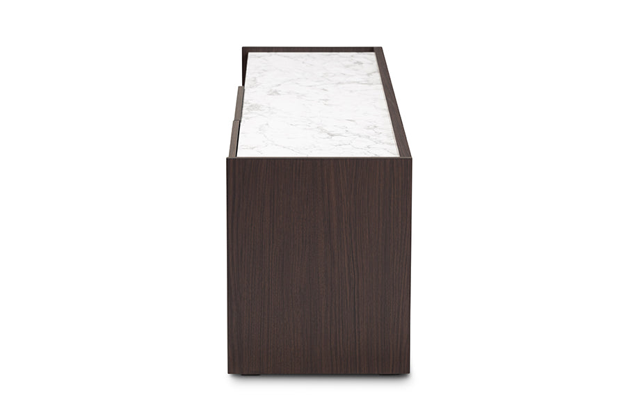 Baxton Studio Walker Modern and Contemporary Dark Brown and Gold Finished Wood TV Stand with Faux Marble Top