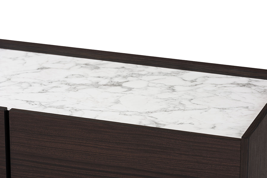 Baxton Studio Walker Modern and Contemporary Dark Brown and Gold Finished Wood TV Stand with Faux Marble Top