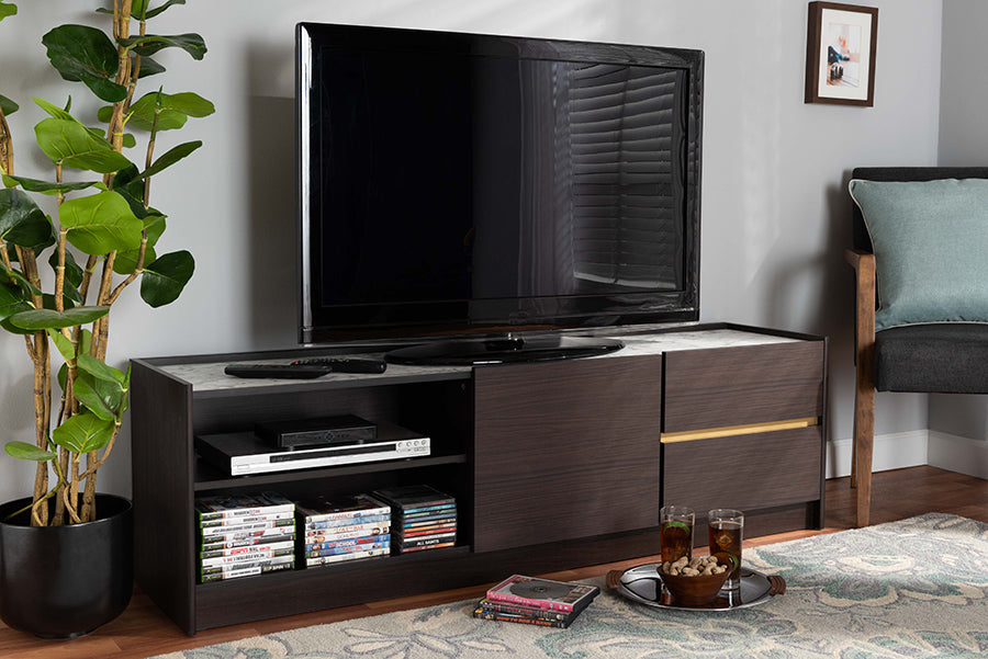 Baxton Studio Walker Modern and Contemporary Dark Brown and Gold Finished Wood TV Stand with Faux Marble Top