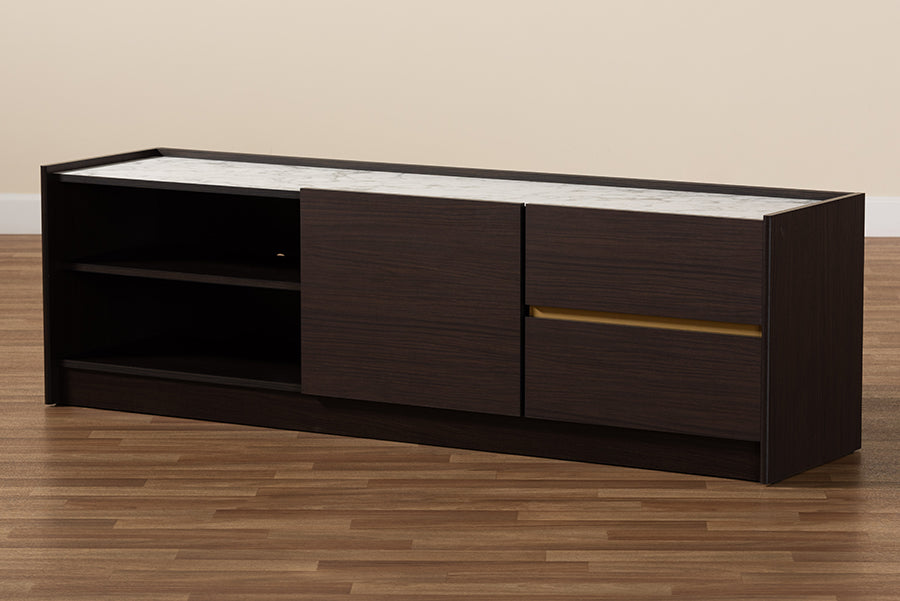 Baxton Studio Walker Modern and Contemporary Dark Brown and Gold Finished Wood TV Stand with Faux Marble Top