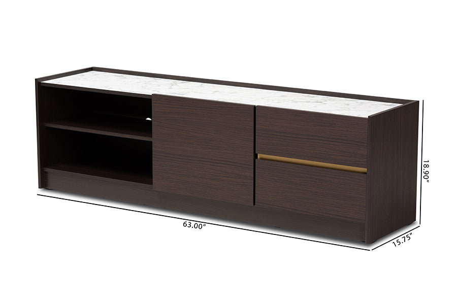 Baxton Studio Walker Modern and Contemporary Dark Brown and Gold Finished Wood TV Stand with Faux Marble Top