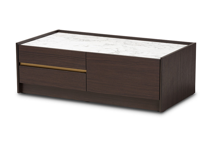 Baxton Studio Walker Modern and Contemporary Dark Brown and Gold Finished Wood Coffee Table with Faux Marble Top
