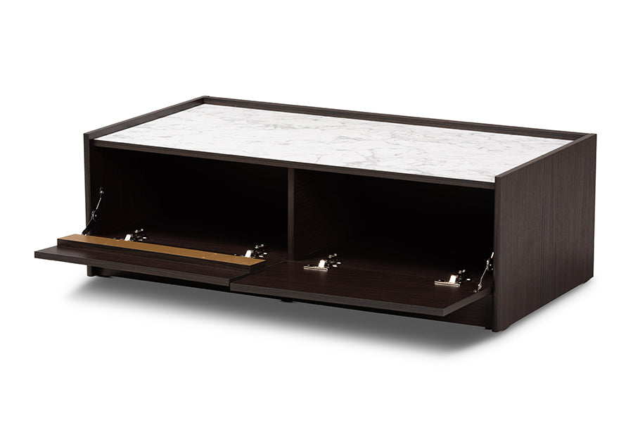 Baxton Studio Walker Modern and Contemporary Dark Brown and Gold Finished Wood Coffee Table with Faux Marble Top