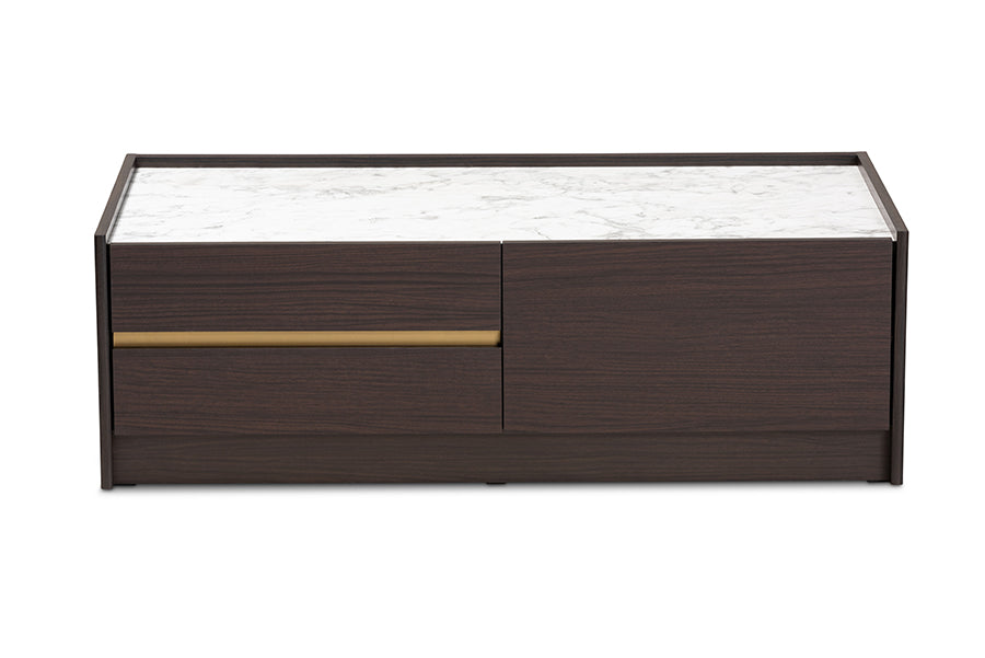 Baxton Studio Walker Modern and Contemporary Dark Brown and Gold Finished Wood Coffee Table with Faux Marble Top