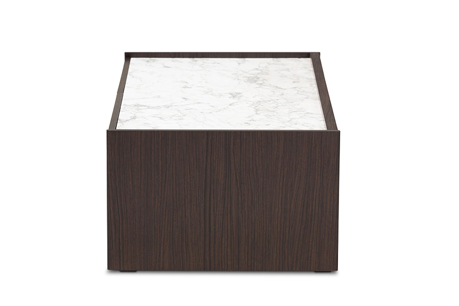 Baxton Studio Walker Modern and Contemporary Dark Brown and Gold Finished Wood Coffee Table with Faux Marble Top