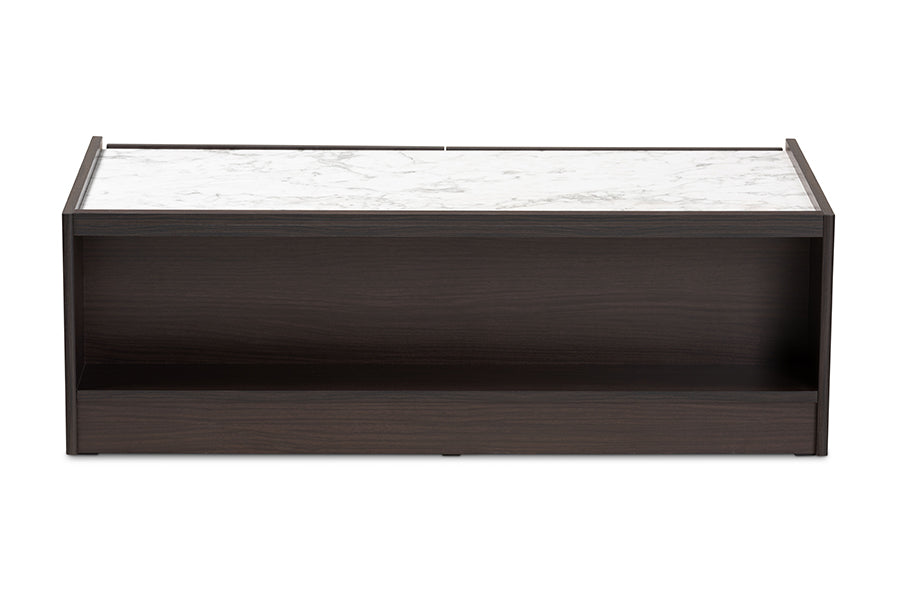 Baxton Studio Walker Modern and Contemporary Dark Brown and Gold Finished Wood Coffee Table with Faux Marble Top
