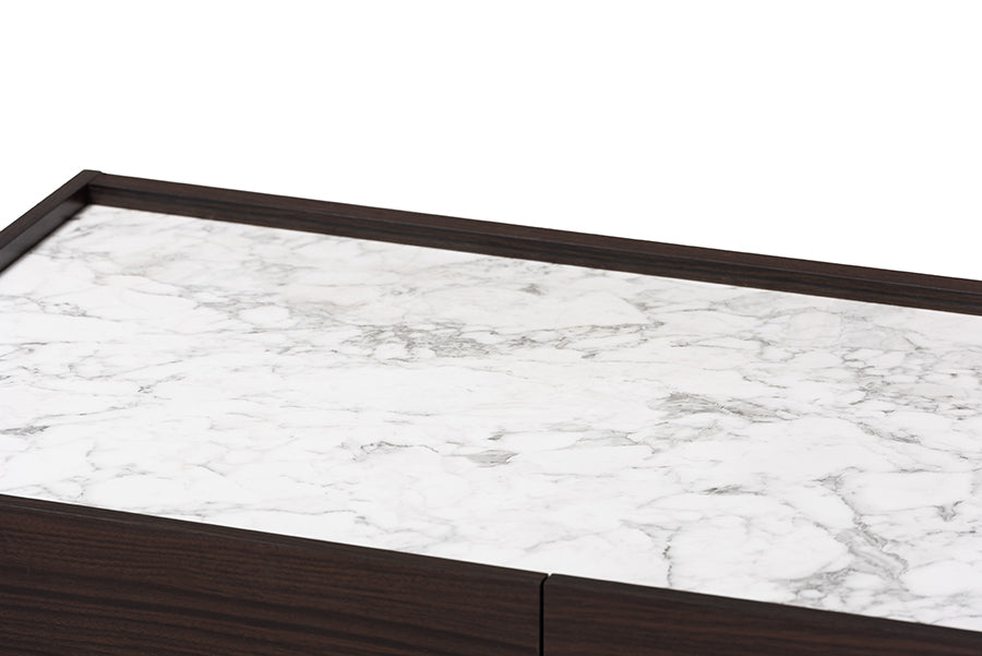 Baxton Studio Walker Modern and Contemporary Dark Brown and Gold Finished Wood Coffee Table with Faux Marble Top