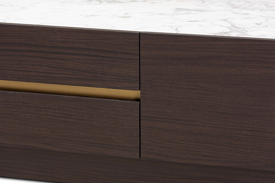 Baxton Studio Walker Modern and Contemporary Dark Brown and Gold Finished Wood Coffee Table with Faux Marble Top