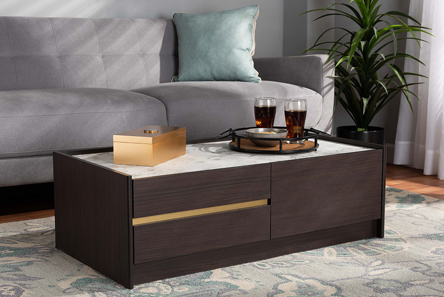 Baxton Studio Walker Modern and Contemporary Dark Brown and Gold Finished Wood Coffee Table with Faux Marble Top