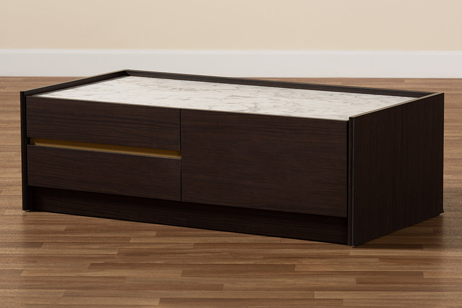Baxton Studio Walker Modern and Contemporary Dark Brown and Gold Finished Wood Coffee Table with Faux Marble Top
