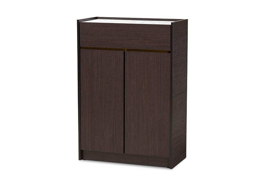 Baxton Studio Walker Modern and Contemporary Dark Brown and Gold Finished Wood Shoe Cabinet with Faux Marble Top