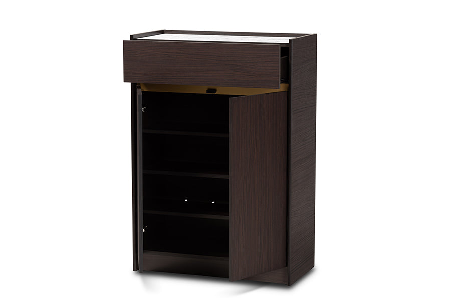 Baxton Studio Walker Modern and Contemporary Dark Brown and Gold Finished Wood Shoe Cabinet with Faux Marble Top