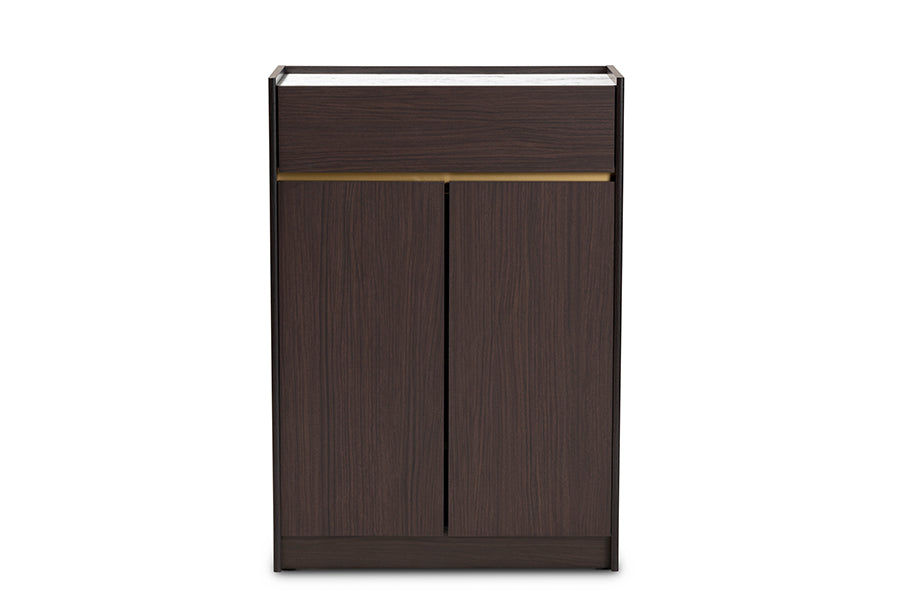 Baxton Studio Walker Modern and Contemporary Dark Brown and Gold Finished Wood Shoe Cabinet with Faux Marble Top