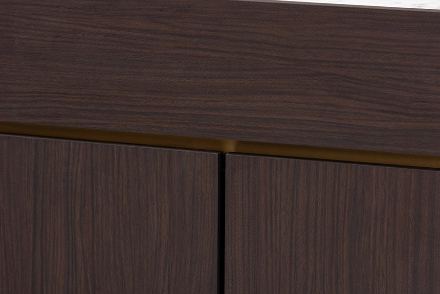 Baxton Studio Walker Modern and Contemporary Dark Brown and Gold Finished Wood Shoe Cabinet with Faux Marble Top