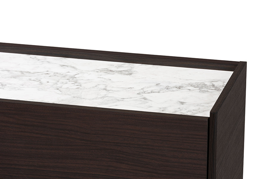 Baxton Studio Walker Modern and Contemporary Dark Brown and Gold Finished Wood Shoe Cabinet with Faux Marble Top