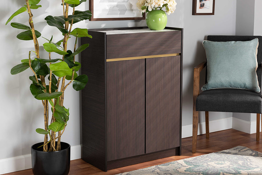Baxton Studio Walker Modern and Contemporary Dark Brown and Gold Finished Wood Shoe Cabinet with Faux Marble Top