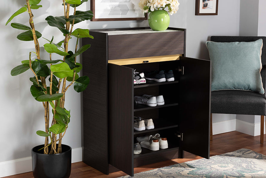Baxton Studio Walker Modern and Contemporary Dark Brown and Gold Finished Wood Shoe Cabinet with Faux Marble Top