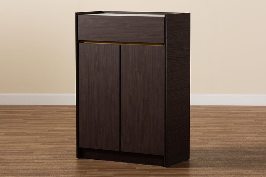 Baxton Studio Walker Modern and Contemporary Dark Brown and Gold Finished Wood Shoe Cabinet with Faux Marble Top