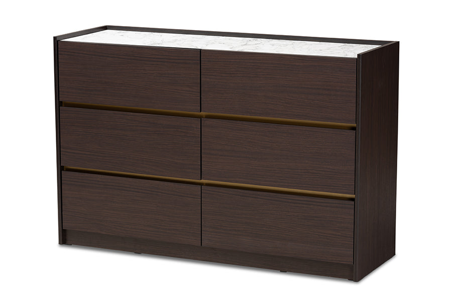 Baxton Studio Walker Modern and Contemporary Dark Brown and Gold Finished Wood 6-Drawer Dresser with Faux Marble Top