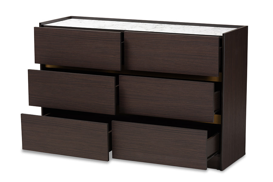 Baxton Studio Walker Modern and Contemporary Dark Brown and Gold Finished Wood 6-Drawer Dresser with Faux Marble Top