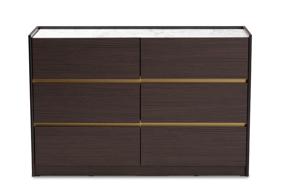 Baxton Studio Walker Modern and Contemporary Dark Brown and Gold Finished Wood 6-Drawer Dresser with Faux Marble Top