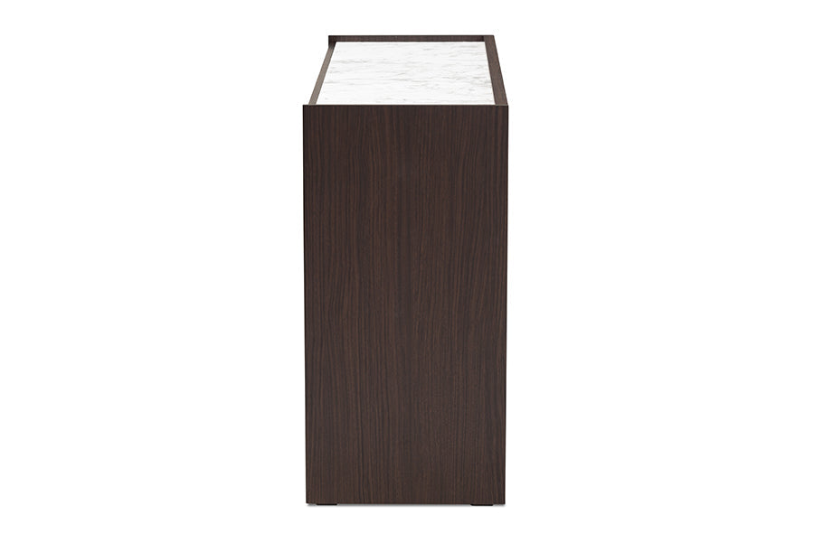 Baxton Studio Walker Modern and Contemporary Dark Brown and Gold Finished Wood 6-Drawer Dresser with Faux Marble Top