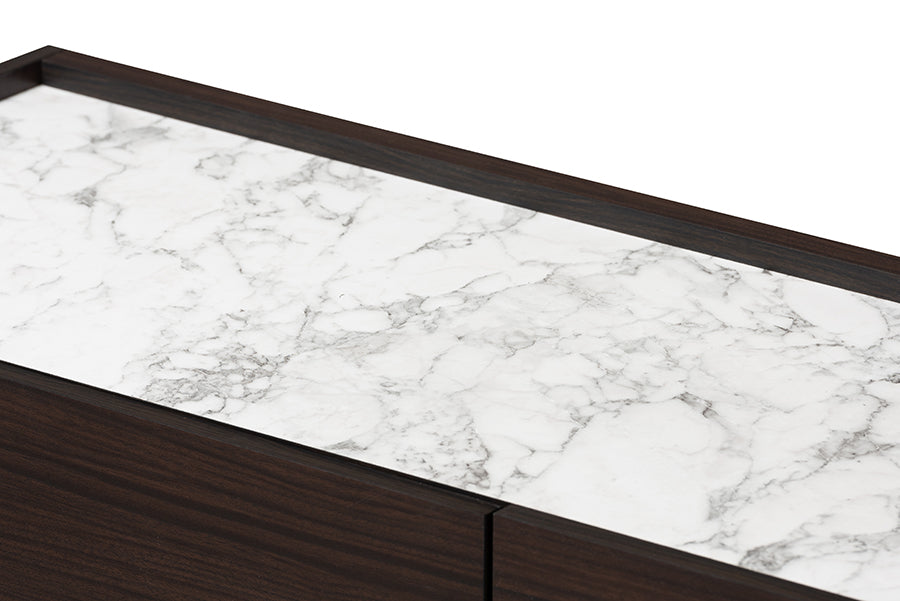 Baxton Studio Walker Modern and Contemporary Dark Brown and Gold Finished Wood 6-Drawer Dresser with Faux Marble Top