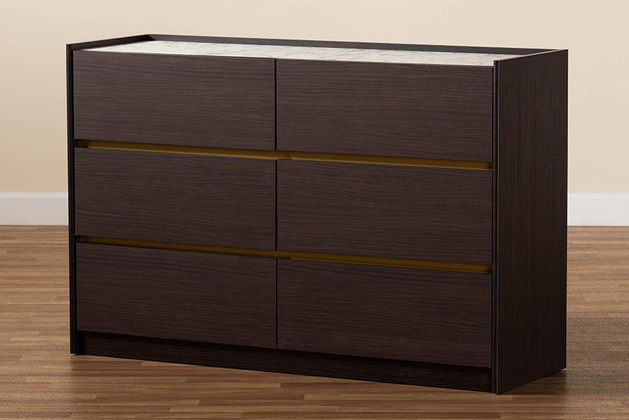Baxton Studio Walker Modern and Contemporary Dark Brown and Gold Finished Wood 6-Drawer Dresser with Faux Marble Top
