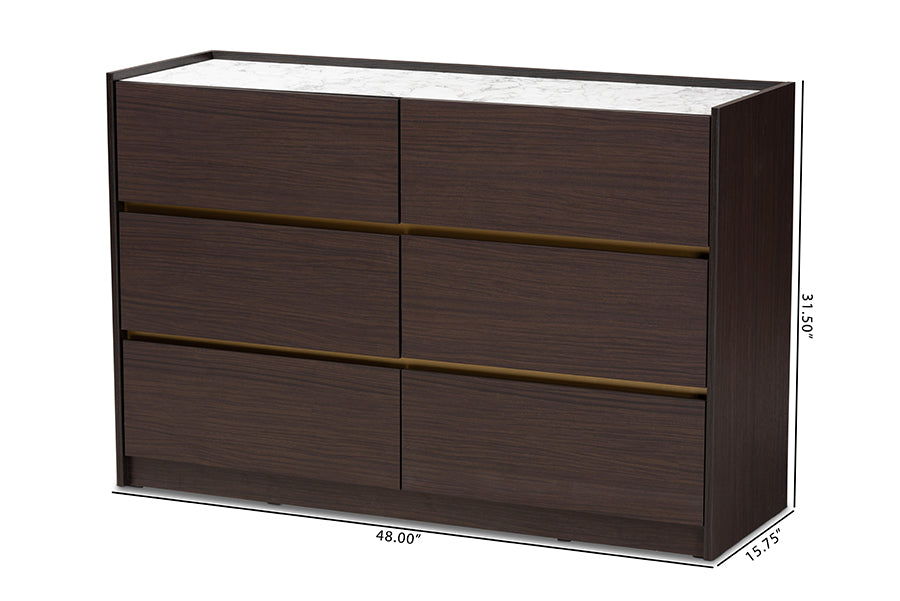 Baxton Studio Walker Modern and Contemporary Dark Brown and Gold Finished Wood 6-Drawer Dresser with Faux Marble Top