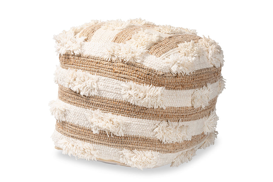 Baxton Studio Basque Modern and Contemporary Moroccan Inspired Natural and Ivory Handwoven Wool Blend Pouf Ottoman