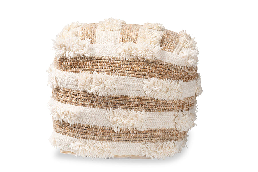 Baxton Studio Basque Modern and Contemporary Moroccan Inspired Natural and Ivory Handwoven Wool Blend Pouf Ottoman