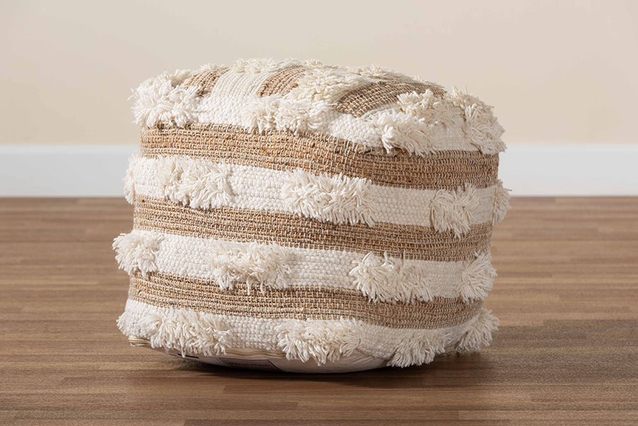 Baxton Studio Basque Modern and Contemporary Moroccan Inspired Natural and Ivory Handwoven Wool Blend Pouf Ottoman