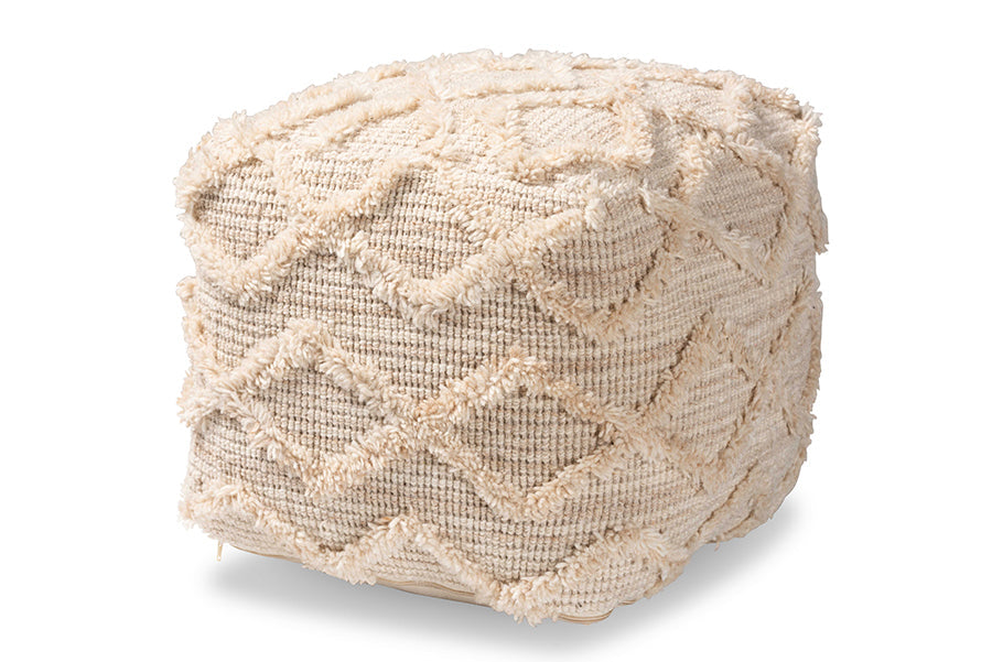 Baxton Studio Carilyn Modern and Contemporary Moroccan Inspired Ivory Handwoven Wool Blend Pouf Ottoman