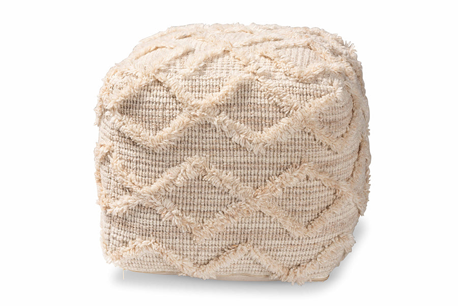 Baxton Studio Carilyn Modern and Contemporary Moroccan Inspired Ivory Handwoven Wool Blend Pouf Ottoman