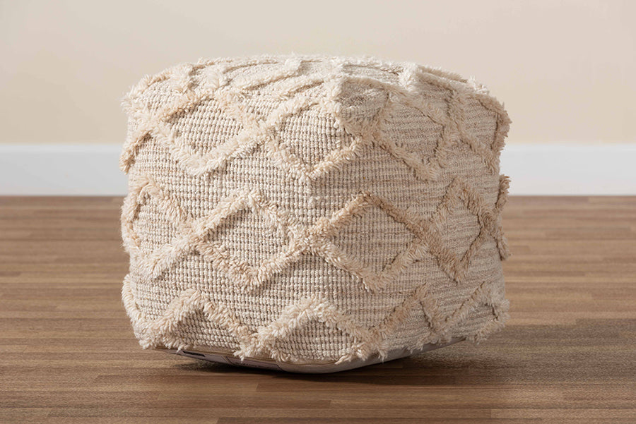 Baxton Studio Carilyn Modern and Contemporary Moroccan Inspired Ivory Handwoven Wool Blend Pouf Ottoman