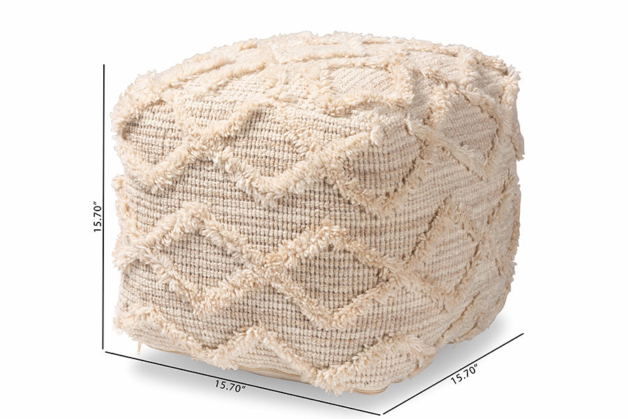 Baxton Studio Carilyn Modern and Contemporary Moroccan Inspired Ivory Handwoven Wool Blend Pouf Ottoman