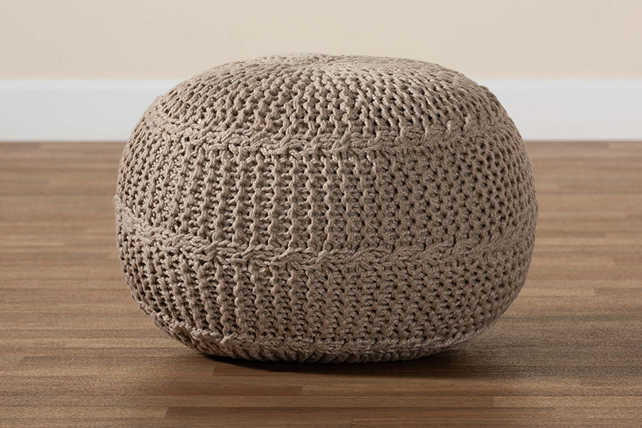 Baxton Studio Palmas Modern and Contemporary Bohemian Beige Handwoven Pet Yarn Pouf Ottoman