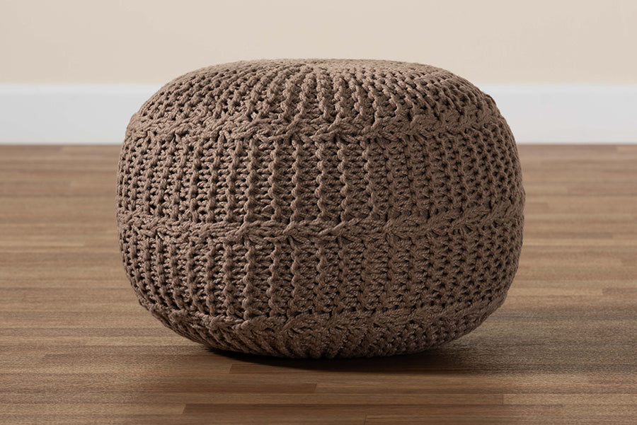 Baxton Studio Palmas Modern and Contemporary Bohemian Taupe Handwoven Pet Yarn Pouf Ottoman