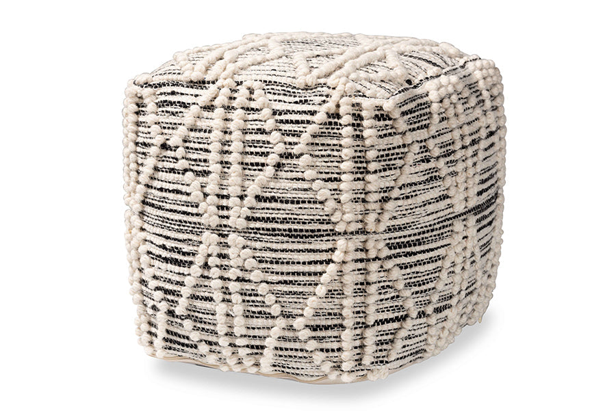 Baxton Studio Sentir Modern and Contemporary Moroccan Inspired Ivory and Black Handwoven Wool Blend Pouf Ottoman
